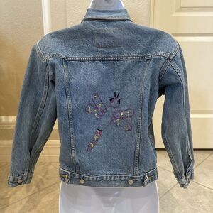 Upcycled Blue Denim Jean Jacket Medium Refashion‎ Custom Design Dragon Fly